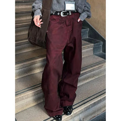 Lunivop Vintage Women Burgundy Jeans High Waist Y2K Designed American Style Streetwear Denim Pants Casual Female 90S Trousers