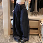 Lunivop Vintage Washed Wide Leg Jeans Women Deep Blue High Waist Baggy Y2K Denim Pants Lady Streetwear Casual Straight Trousers