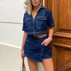 Lunivop Blue Denim Shirt Woman Short Sleeve Cropped Shirt Women Summer Short Tops Woman Streetwear Y2k Stylish Women's Blouses