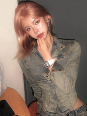 Lunivop Y2k Fashion Korea Grunge Washed Denim Woman Long Sleeve Short Jacket Slimming Zipper Streetwear 90s Autumn Winter Top Outerwears