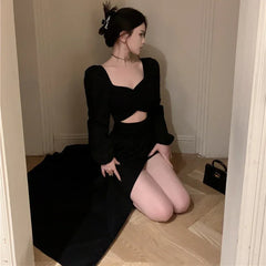 Lunivop Long Sleeve Dresses Women Party Stylish Slit-design Solid Black Chic Autumn French Style Maxi Vestidos High Street Retro Clothes