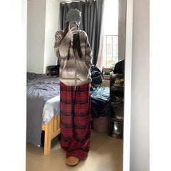 Lunivop Plaid Pants for Women Autumn Winter College Ins Clothing Fashion Korean Style Retro All-match High Waist Casual Full Length New