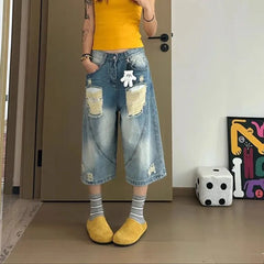 Lunivop Europe America Low-Waisted Y2K Jeans Female Vintage Ripped Loose Denim Mid-Length Pants High Street Trend Wide-Leg Jean Pants