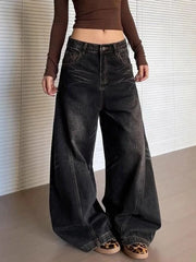 Lunivop Vintage Washed Black Women's Jeans Wide Leg American Style High Waist Baggy Denim Pants Casual Straight Trousers New