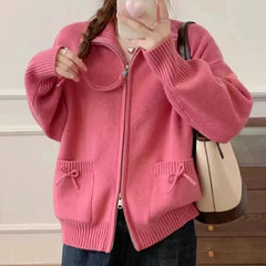 Lunivop Korean Bow Cardigan Women Lazy Wind Double Zipper Long Sleeve Knitted Jacket Vintage Sweet Casual Preppy Style Tops Coat