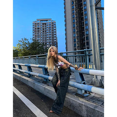 Lunivop Washed Distressed Rivet Jeans for Women Street Fashion Straight Jeans Harajuku Style Hip Hop High Street Y2k Trousers streetwear