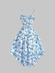 Lunivop Blue and white floral printed spaghetti strap sweetheart neck high waisted puffy dress