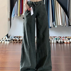 Lunivop American Retro Army Green Cargo Jeans for Women Autumn Winter High Waist Slim Design Straight Wide Leg Floor Length Pants