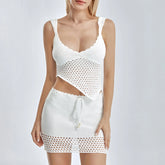 Lunivop Women Summer 2 Piece Mini Skirt Set Off Shoulder Hollow Out Tube Top Bodycon Skirt Crochet Knit Short Skirt Outfits