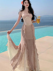Lunivop Sexy Spaghetti Strap Ruffle Slim Evening Long Dresses Elegant Fairy Beach Woman Clothing Summer Holiday Vestidos Cocktail Robe