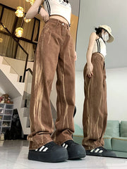 Lunivop Tie Dye Retro Brown Jeans Women High Waist Streetwear Y2K Denim Pants American Loose Casual Lady Vintage Harajuku Trousers