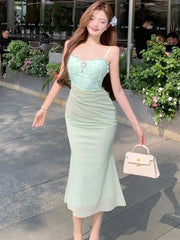Lunivop New Green Mesh Patchwork Diamonds Sling Long Dress Summer Elegant Casual Home Dress Women Korean Fashion Bodycon Prom Dress