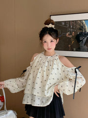 Lunivop Sweet Off Shoulder Shirt Women Long Sleeve Bow Print Loose Blouse Korean Fashion Hollow Out Elegant Female Chic Spring Tops