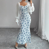 Lunivop Women's Long-sleeved V-neck Dress Chiffon Patchwork Knitted Printed Hip-hugging Long Skirt