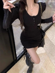 Lunivop Elegant Desire Knit Dress Women's Autumn Winter Drawstring Waist Slimming Pleated Long Skirt Sexy Bodycon Mini Skirt