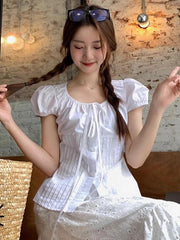Lunivop Summer Puffy Sleeve Shirt Women Sweet Cute Slim White Blouse Korean Preppy Style Casual Fashion Lace Up Design Kawaii Tops
