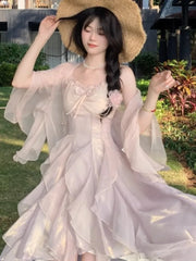 Lunivop Women Trendy Two Ruffle Asymmetrical Fairy Sweet Dresses Sexy V Neck Spaghetti Strap Chic Party Dress Korean Sweet Summer New