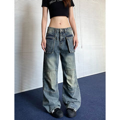 Lunivop American Vintage Baggy Jeans Women's High Street Washed Distressed Denim Trousers Retro Y2K Loose Straight Cargo Pants For Women