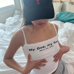 Lunivop Spaghetti Strap Letter Print Lace Tank Tops Women Summer Sexy Sleeveless White Slim Tee Shirt Femme Vintage Casual