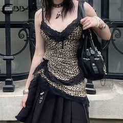 Lunivop Stitching Lace Camis y2k Vintage Leopard Print Crop Top Women Retro Sleeveless Bow Patchwork Tee Summer Asymmetrical Vest