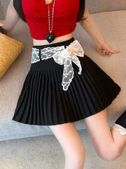 Lunivop Lace Belt Pleated Skirt Women Sweet High Waist Sexy Mini Skirts Korean Fashion Casual Preppy Style Cute A Line Dance Skirt