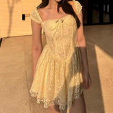 Lunivop Summer Women Sexy Off Shoulder Short Sleeve Lace Mini Dresses Party Robe