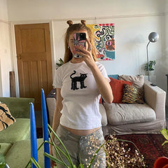 Lunivop Women T-Shirt Funny black Cat Print Slim Graphic Gothic Summer Korean Fashion Cute Baby Tee Harajuku Vintage Women's Streetwear