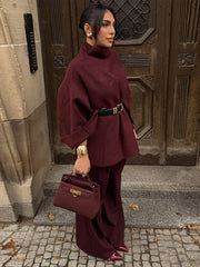 Lunivop Knitting Half Neck Woolen Cloak Cape Women Casual Loose Single Buckle Batwing Sleeve Coat Lady Autumn Winter Solid Outwear Tops