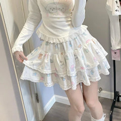 Lunivop Japanese Style Kawaii Mini Skirt Women Lolita Lace Sweet Pleated Skirts Harajuku Cute Y2k Ruffles Cake Layered Skirts