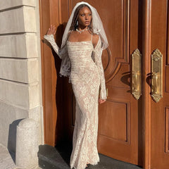 Lunivop Elegant Wedding Lace Zipper Slit Spaghetti Dress Long Sleeve Cap Two Piece Set Party Ladies Y2K Casual Clothing