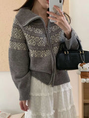 Lunivop Print Retro Zipper Cardigan Women Loose Turtleneck Long Sleeve Korean Knitted Sweaters Vintage Female Casual Sweet Tops New