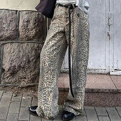 Lunivop Leopard Jeans Women Y2k American Wide Leg Pants High Waisted Korean Style Retro Baggy Jeans Loose Oversized Straight Trousers