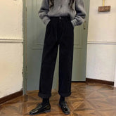 Lunivop Vintage Corduroy Wide Leg Pants Women High Waist Pockets Baggy Trousers Streetwear Korean All Match Black Casual Straight Pants