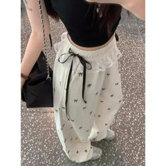 Lunivop Streetwear Bow Print Casual Straight Pants Women Summer New Korean High Waist Lace Up Contrast Color Patchwork Casual Pants