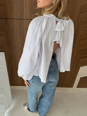 Lunivop Fashion Women's Bowknot Shirt Pleated Long Sleeve O-Neck Backless Lady Shirts Solid Spring Summer Elegant Women Loose Top 2025