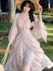 Lunivop Women Trendy Two Ruffle Asymmetrical Fairy Sweet Dresses Sexy V Neck Spaghetti Strap Chic Party Dress Korean Sweet Summer New