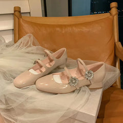 Lunivop Autumn Women Fashion Shiny Flower Double Buckle Mary Janes Shoes Patent Leather Dress Square Head Mid Heel Women's Shoes