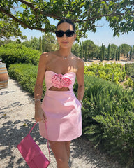 Lunivop Sweetheart Mini Dress Satin Pink Floral Skirt Women Strapless Ruched Club Solid Color Casual Dresses Short Mermaid Party Dresses