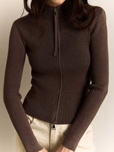 Lunivop Zipper Slim Fit Stand Collar High Waist Trendy Long Sleeve Tops Spring New Women Clothing Knitted Tops Solid Color