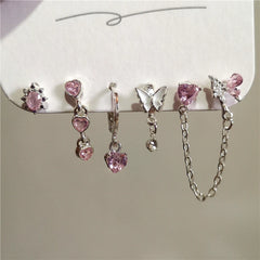 Lunivop 6PCS Pink Crystal Heart Black Butterfly Drop Earring Set For Women Gothic Y2K Cute Aesthetic Jewelry Scene 2000s EMO Accessories