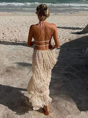 Lunivop Sexy Backless Lace Two Piece Sets Women Skirt Suit Apricot See Through Long Skirt Sets Summer Holiday Casual Beachwear