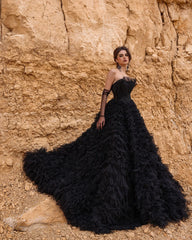 Lunivop Strapless Black Tulle Ball Gown Ruffled Layered Custom Floor Length Woman Evening Dresses Custom Made Plus Size Wedding Dresses