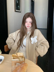 Lunivop Sweet Bow Korean Jacket Women Fall Preppy Style Cute Long Sleeve Coat Vintage Casual O Neck Loose Female Pockets Tops New