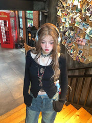 Lunivop Y2k Vintage Two Pieces Tops Women Skinny Leopard Halter Tops + Hollow Out Black Tops Streetwear 2000s Japanese Tshirts