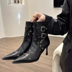 Lunivop Autumn Winter Women Knee High Boots New Fashion Belt Buckle Slim Long Booties Thin High Heel Ladies Pointed Toe Short Boots