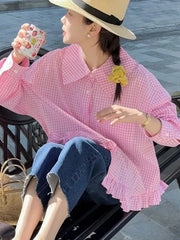 Lunivop Vintage Black Plaid Shirt Women Loose Sweet Preppy Style Long Sleeve Blouse Fall Casual Retro Cute All Match Female Tops New