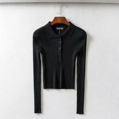 Lunivop Woman Open Buttons Lapel collar Knitted Long Sleeve Sweater Slim Fit Crop Knitwear