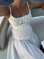 Lunivop White Camisole Shirring Long Dress Women Slim Solid Sleeveless Casual High-Waist Pleats Streetwear New Female Maxi Dresss