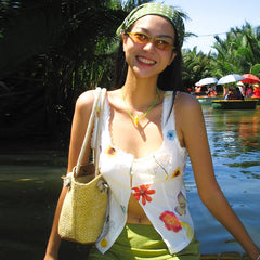 Lunivop Square Collar Print Sleeveless Lace Button Pear Slit High Waist Tank Crop Top Vacation Trip Casual Clothing