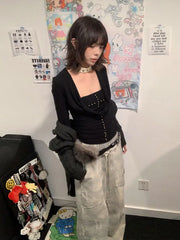 Lunivop Y2k Japanese T Shirt Women Black Rivet Punk Tops Swing Collar Streetwear Two Pieces Tops American Retro 90s Tshirts